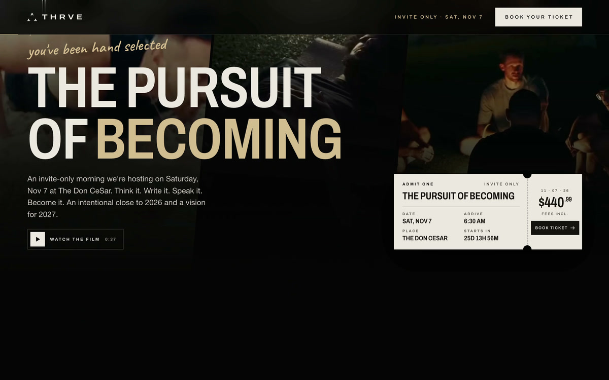 THRVE event landing page for The Pursuit of Becoming