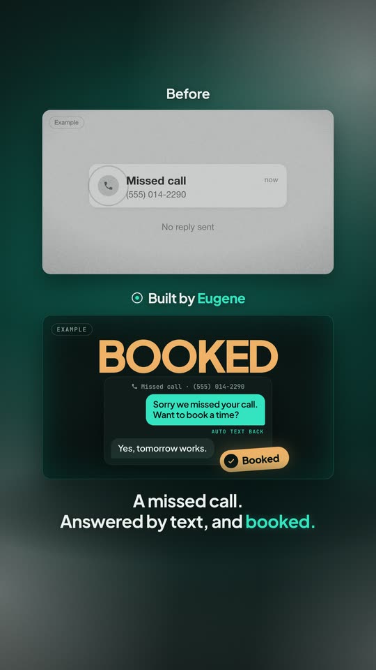 Still from the reel: an example missed call above, and below it the same call answered by text and marked Booked.