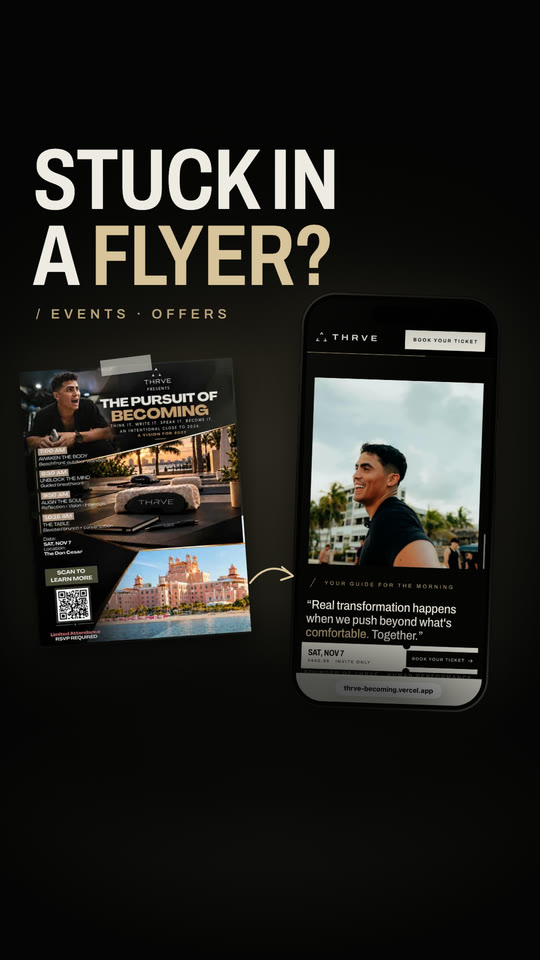 Still from the reel: an event flyer and the landing page built from it on a phone, under the words Stuck in a flyer?